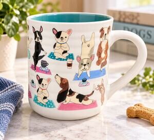 Clementine Paper Yoga Dogs Ceramic Coffee Mug 16 oz Teal Interior 2022 Gift